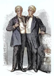 Chang and Eng Bunker, 11 May 1811, 17 January 1874, were conjoined twins who gave their name to