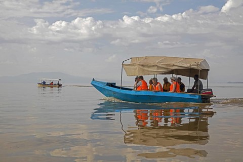 Motorboat with tourists on Lake Chamo, Chamo Hayk near Arba Minch in Southern Nations,