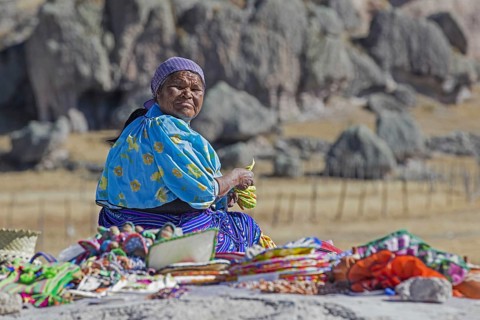 Mexican woman of the Rarámuri, Tarahumara tribe in traditional dress near the town Creel, Sierra