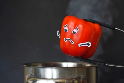 Red Paprika bell pepper with sad face and goggle eyes being put into a steaming cooking pot on dark