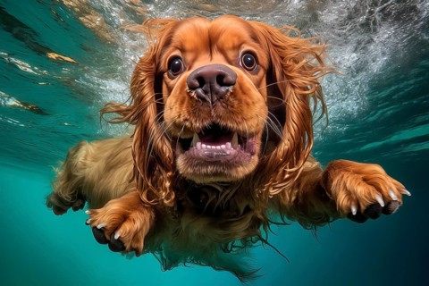 Poodle or Pudel diving in a pool, AI Generated
