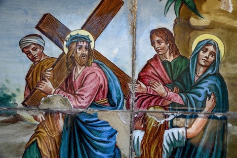Painted wall tiles of the Passion of Christ at the Way of the Cross in Guadalest, Alicante