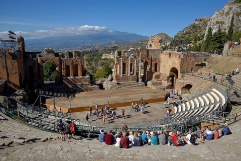 Teatro Greco from the 3rd century A.D. with a view of the volcano Etna, Greek theatre, Taormina,