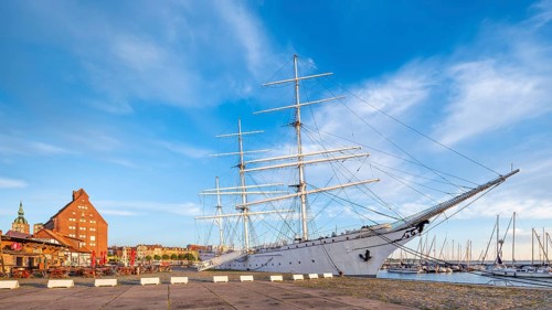 Museum ship Gorch Fock in the harbour, sail training ship, Stralsund, Mecklenburg-Western
