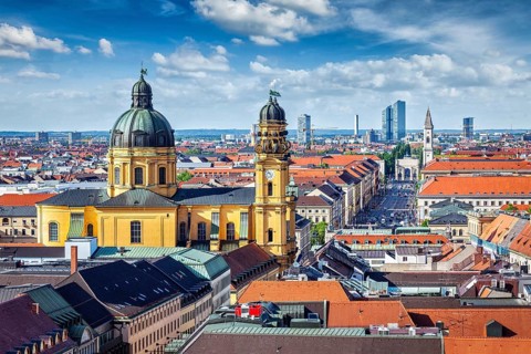 Aerial view of Munich over Theatine Church of St. Cajetan (Theatinerkirche St. Kajetan) and