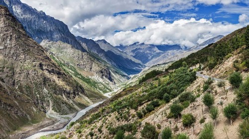 Panorama of Chandra river in Lahaul valley in Himalayas. Himachal Pradesh, India, Asia
