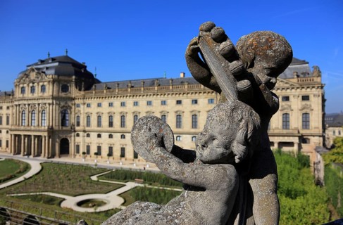 The Würzburg Residenz, putti on the bastion, park side, UNESCO World Heritage Site, Würzburg, Lower