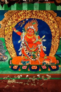 HEMIS, INDIA, SEPTEMBER 4, 2011: Wall painting of Dharmapala, Tibetan Buddhism wrathful protector
