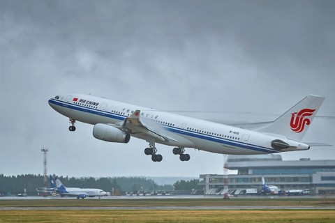 MINSK, BELARUS, JUNE 15, 2018: Air China flight Airbus A330-200 plane taking off on runway in