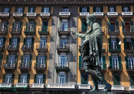 Statue of Caesar in front of a house in Via Santa Lucia in Naples, Campania, Italy, Europe