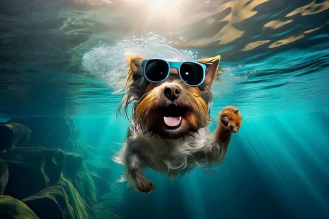 Yorkshire Terrier wearing sunglasses and diving in a river, AI Generated