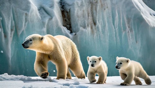 A polar bear with its two cubs walks through the snow in the polar region, AI generated