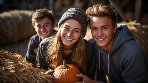 Young boyfriend and girlfriend enjoying the fall pumpkin patch on an autumn day, generative AI