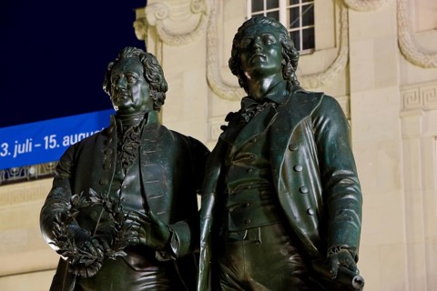 German National Theatre Weimar with Goethe Schiller statue