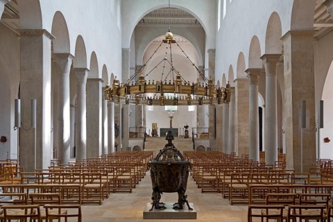 St. Mary's Cathedral, interior view with bronze baptismal font and hezilo chandelier, UNESCO World