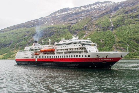 Passenger ship MS Finnmarken in the harbour of Geiranger, Geiranger, Møre og Romsdal, Western