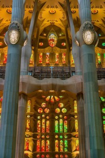 Interior view of the Familia Sagrada by the architect Antonio Gaudi in Barcelona, Spain, Europe