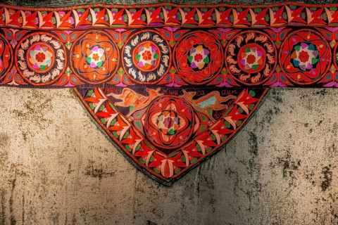 Traditional carpet with pattern, exhibition in the State History Museum, interior view, Bishkek,