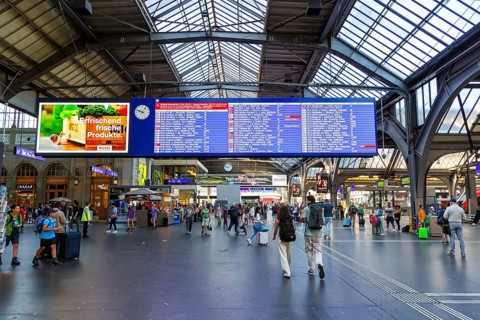 Train departure board at Zurich main station, Switzerland, Europe