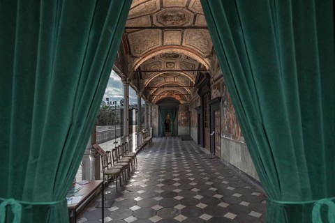 View through the door curtain into the upper arcade of the Villa del Principe, Palazzo di Andrea
