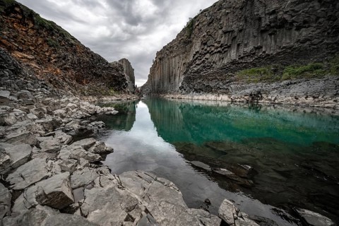 Stuðlagil Canyon, turquoise river between basalt columns, Egilsstadir, Iceland, Europe