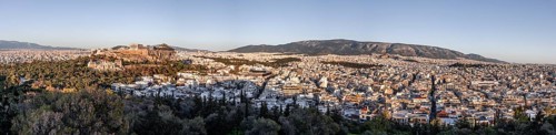 View from Philopappos Hill over the city, panorama of the Parthenon Temple and Herod's