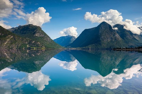Reflection in lake Oppstrynsvatnet, Oppstryn, Stryn, Norway, Europe