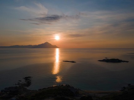 Aerial view, sunrise, view of Mount Athos, Orthodox monastic republic with autonomous status under