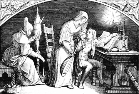 Martin Luther in the house of his future foster mother Frau Gotta, Germany, room, desk, lute,