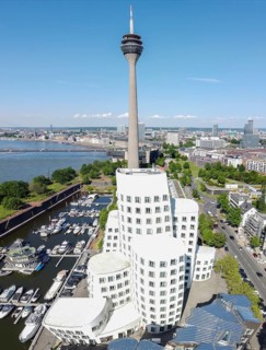 Gehry Building and Rhine Tower at the Media Harbour, Düsseldorf, North Rhine-Westphalia, Germany,
