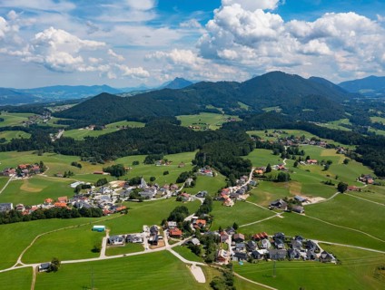 Drone image, village of Koppl, Osterhorngruppe, Flachgau, province of Salzburg, Austria, Europe