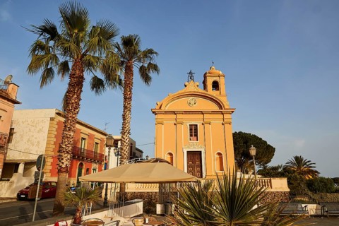 Church, Chiesa dell'Immacolata, village square, cafe, palm trees, Malfa, Salina, Aeolian Islands,