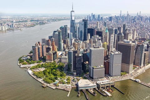 New York City Manhattan skyline with World Trade Center skyscraper aerial view in New York, USA,