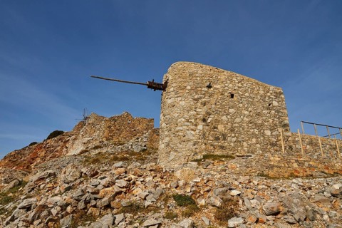 Old windmill, flour mill, Ambelos Pass, blue sky, Lassithi plateau, Lassithi, East Crete, island of
