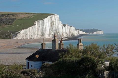 Cuckmere Haven, The Seven Sisters chalk cliffs, House, South Downs, England, United Kingdom, Europe