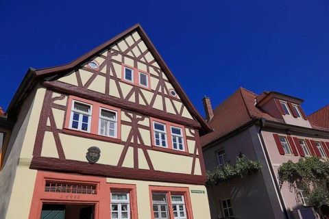 Half-timbered houses in the old town, birthplace of the Franconian poet Georg Scheuerlein,