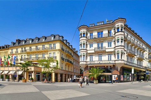 Baden-Baden, Germany, July 2021: Town square called 'Leopoldsplatz' in historic city center of spa