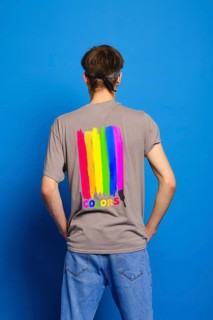 Back view of young man in t-shirt with lgbtq flag on blue background