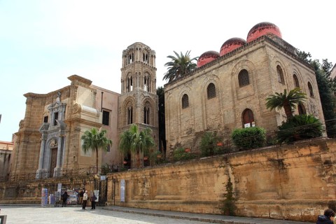 Old town of Palermo, on the right the church of San Giovanni degli Eremiti is a Norman church