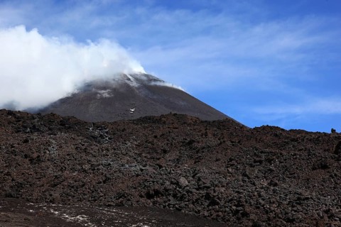 Etna, Etna, volcanic landscape and the smoking peak of Etna, Sicily, Italy, Europe