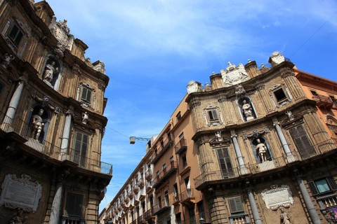 Old town of Palermo, at Piazza Quattro Canti, more precisely Quattro Canti di citta, baroque palace