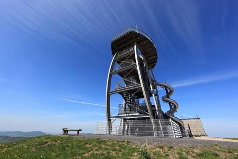 Noah's Sails lookout tower at Ellenbogen, 813 m. high mountain of the Rhoen in the district of