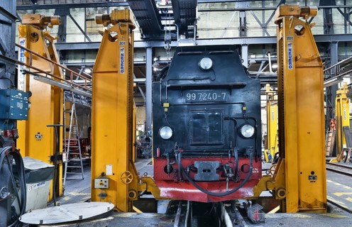 Steam locomotive of the Harz narrow gauge railway for maintenance in the workshop, Wernigerode,