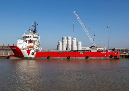 Vos Prelude offshore supply ship, River Yare quayside, Great Yarmouth, Norfolk, England, UK