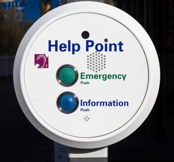 Close up of Help Point information and emergency service at railway station, Melton, Suffolk,