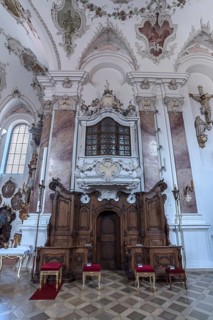 Patronage box in the baroque church of St. Andrew, Nesselwang, Bavaria, Germany, Europe