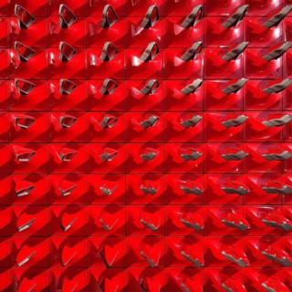 Structure of red rear-view mirrors, entrance area of the Seat Pavilion, Autostadt, Volkswagen AG,