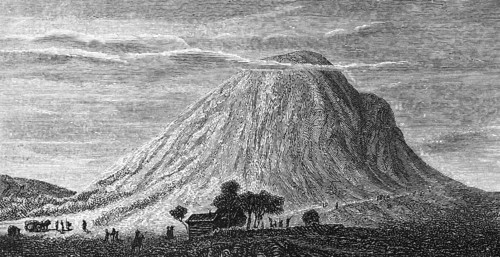 Puy de Dôme volcano in the Massif Central of the Auvergne, wooden hut, horse-drawn carriage,