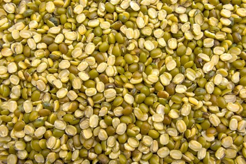 Split Mung Beans, Green Grams in a Bowl, Vegan Food, Close-Up Top View Full Frame