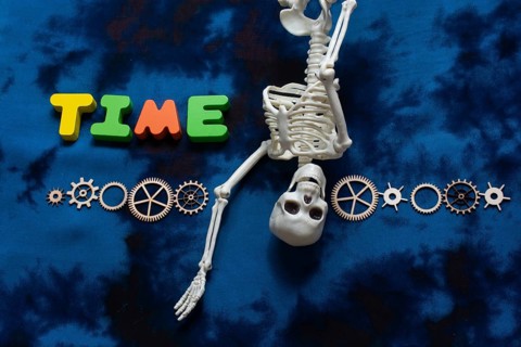 Time wording, cogwheels and artificial skeleton as time concept
